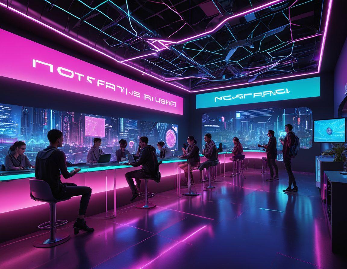 A lively, futuristic social hub with colorful, interconnected web nodes, playful avatars interacting, and sparkling animated elements. Vibrant, bold colors with a sleek, modern touch highlighting the dynamics of networking. cyberpunk. vibrant colors.
