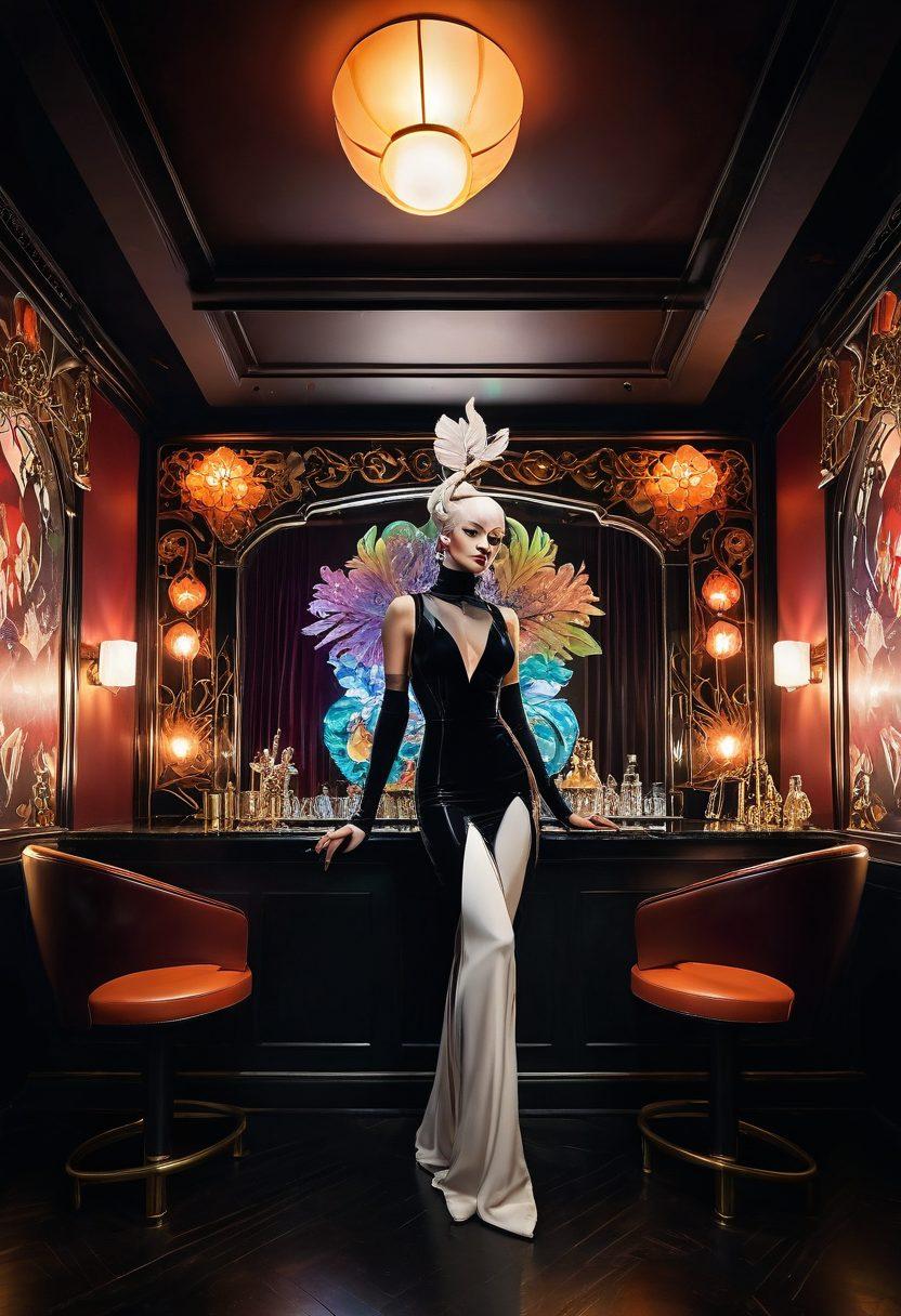 A lively, vibrant club scene with cheeky characters transforming from mischievous to elegant figures amidst playful decorations. A central figure symbolizes the transition, highlighted by a blend of whimsical and sophisticated elements. Art nouveau and cyberpunk styles, vibrant colors, dynamic lighting.